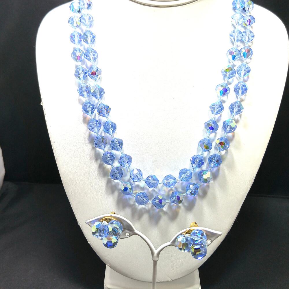 Light Blue Crystal Necklace Clip Earrings Set, Aurora Borealis, 1960s Vintage
